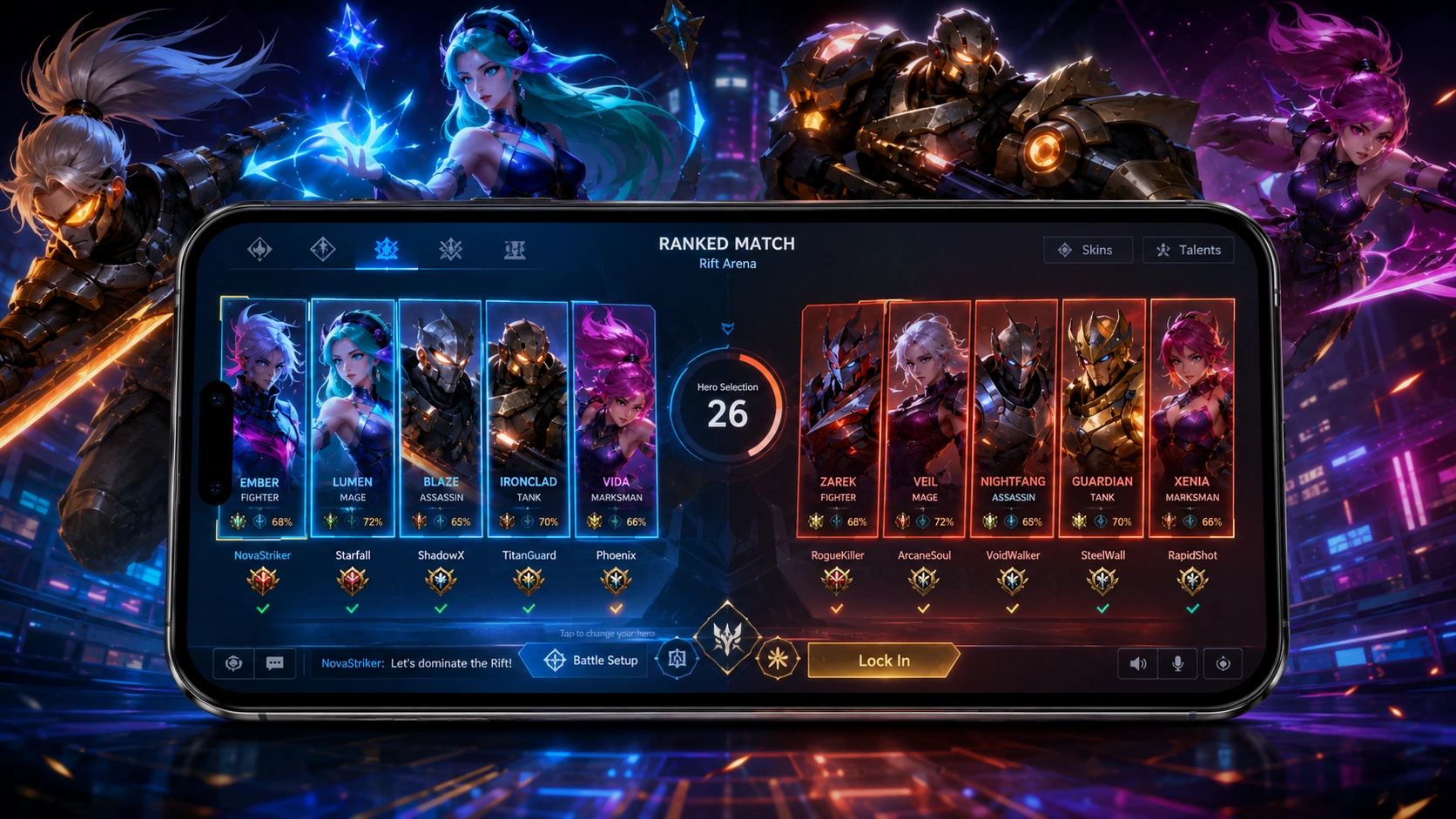 Bright Deck champion select interface with multiple hero roles
