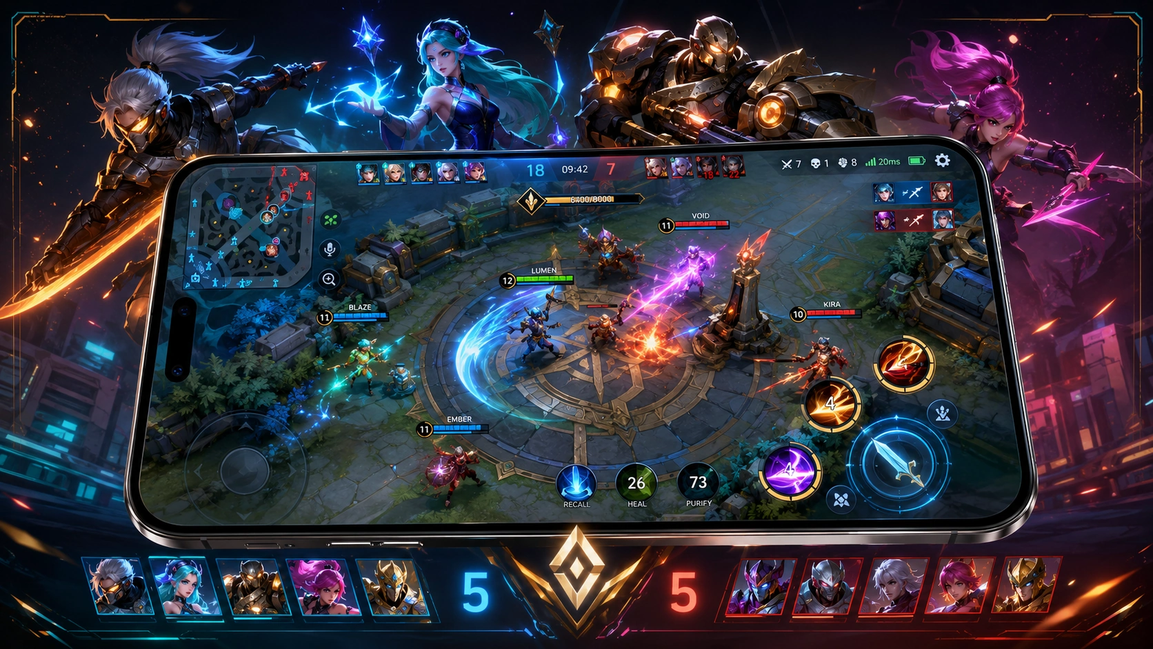 Bright Deck multiplayer battle arena match with heroes fighting over the core objective