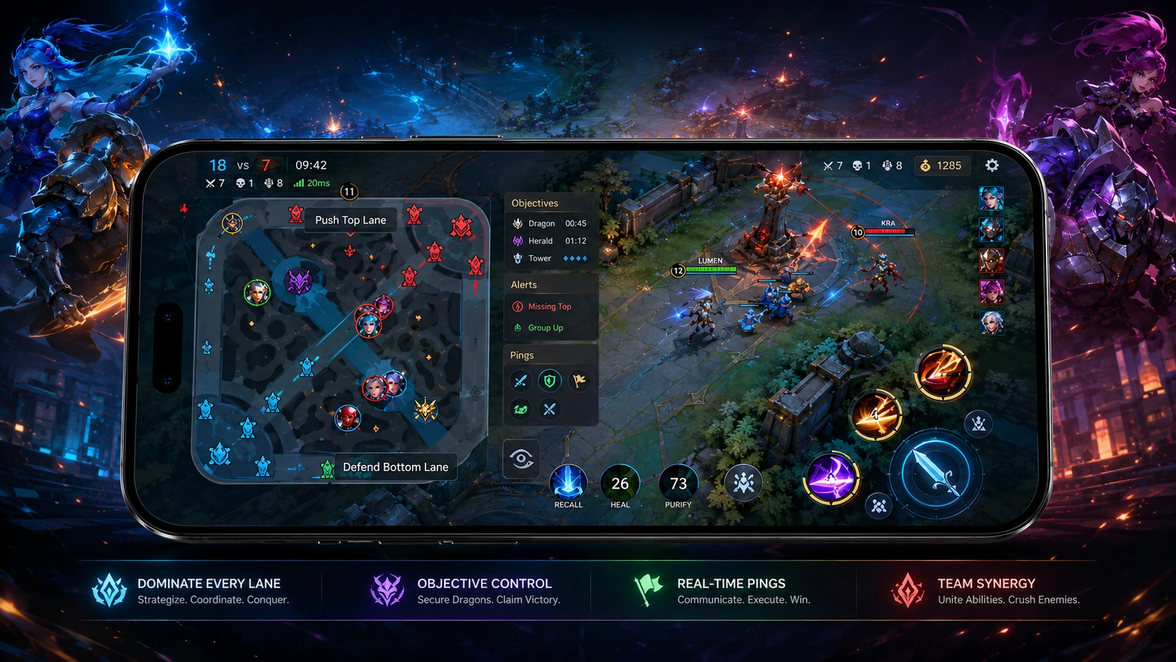 Live Bright Deck lane battle interface with heroes and minimap