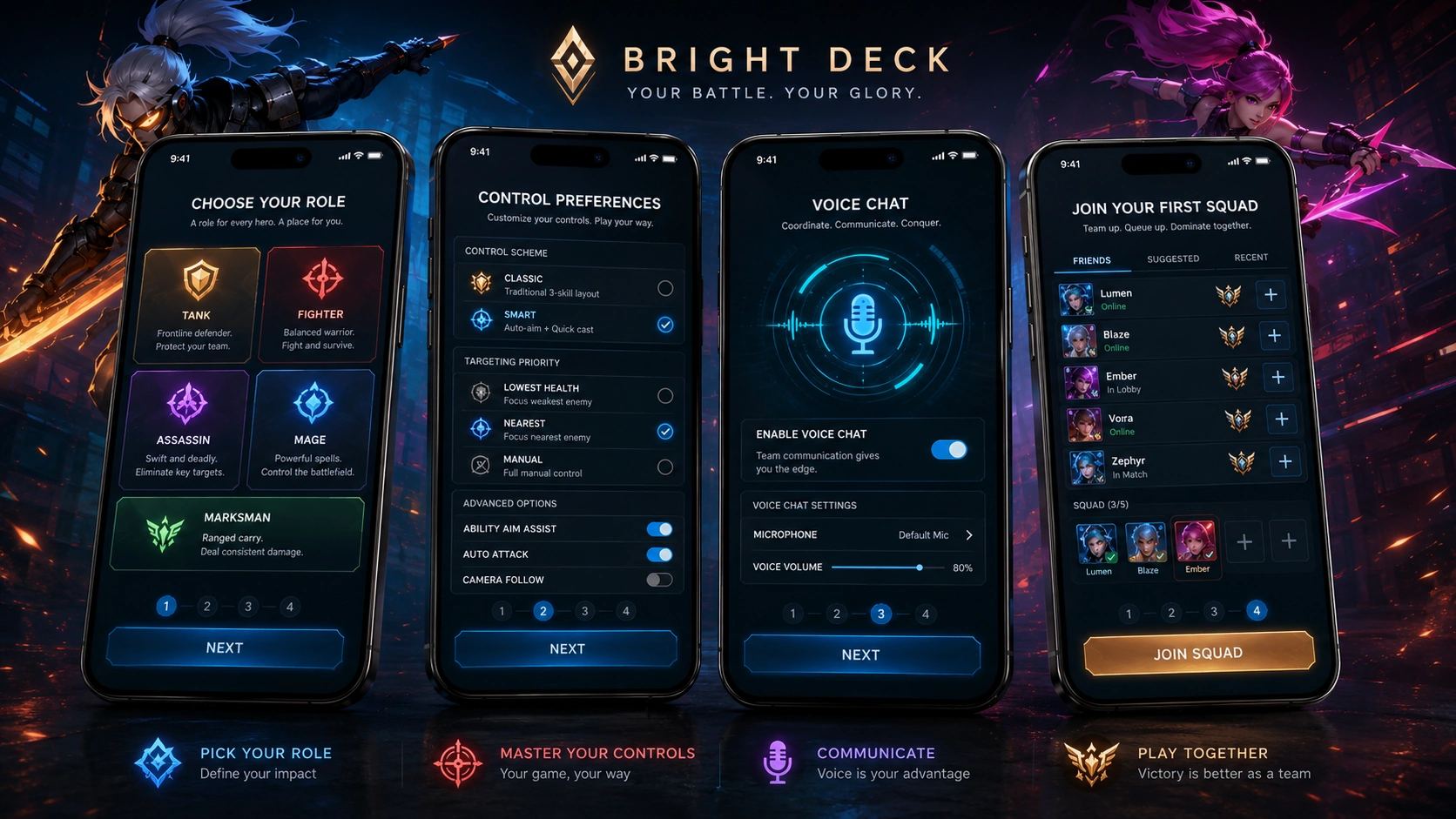 Bright Deck ranked lobby with five hero cards ready for match